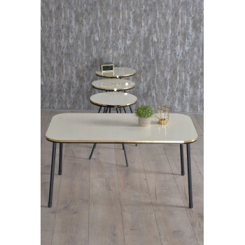 Zigon Sehpa Ve Orta Sehpa Kr Set Siyah Metal Ayak Çift Altın Krem