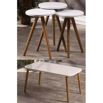 Zigon Sehpa Ve Orta Sehpa Set Ahşap Kr Torna Beyaz