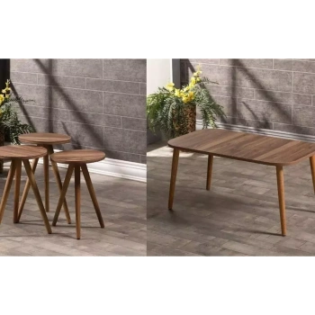 Zigon Sehpa Ve Orta Sehpa Set Ahşap Kr Torna Ceviz