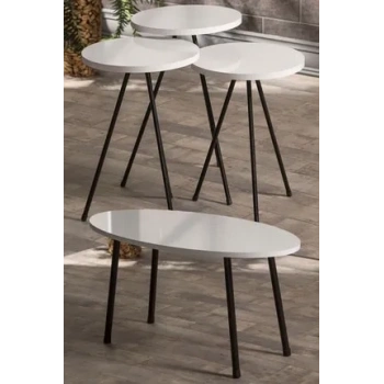 Zigon Sehpa Ve Orta Sehpa Set Metal Elips Beyaz