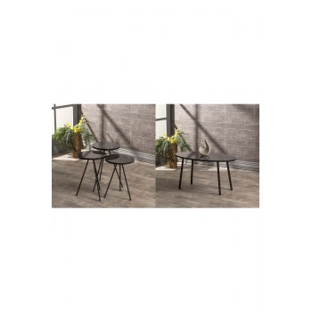 Zigon Sehpa Ve  Orta Sehpa Set  Metal  Elips Siyah Mermer Desen