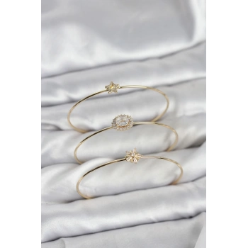 Zirkon Taşlı Gold Renk Tek Taş Model 3lü Kadın Bileklik Kombini