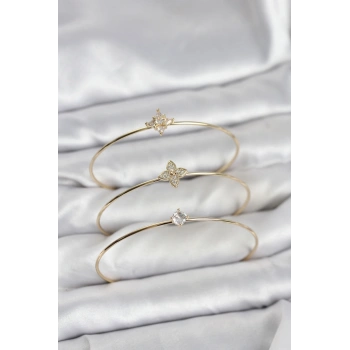 Zirkon Taşlı Gold Renk Yonca Model 3lü Kadın Bileklik Kombini