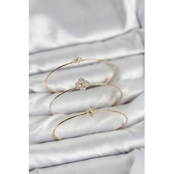 Zirkon Taşlı Gold Renk Yonca Tasarım 3lü Kadın Bileklik Kombini