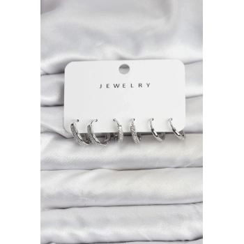 Zirkon Taşlı Gümüş Renk Pirinç Kadın Küpe Seti