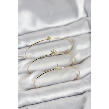 Zirkon Taşlı Kutup Yıldızı Model Gold Renk 3lü Kadın Bileklik Kombini