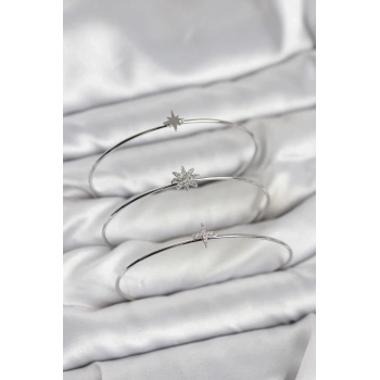 Zirkon Taşlı Kutup Yıldızı Model Gümüş Renk 3lü Kadın Bileklik Kombini