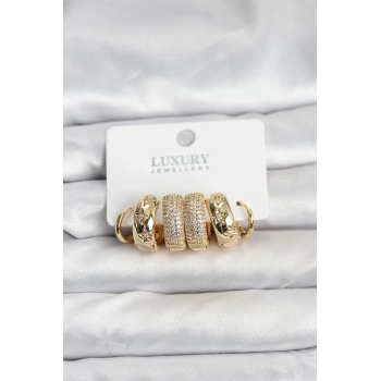 Zirkon Taşlı Pirinç Gold Renk Halka Kadın Küpe Seti