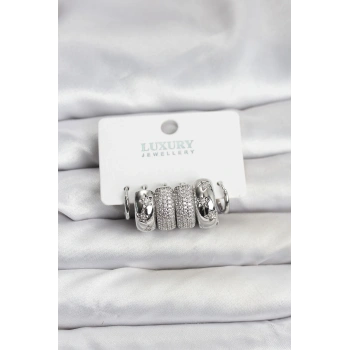 Zirkon Taşlı Pirinç Gümüş Renk Halka Kadın Küpe Seti