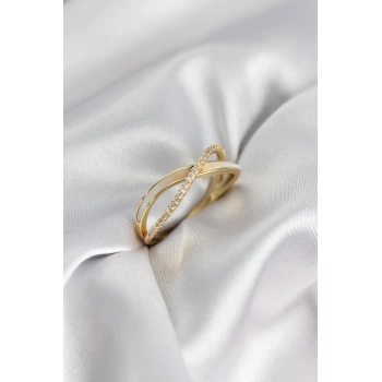 Zirkon Taşlı Sarmal Sedefli Gold Renk Kadın Yüzük