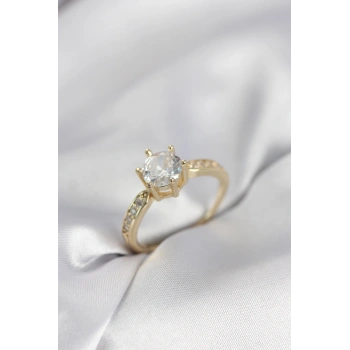 Zirkon Taşlı Tek Taş Model Gold Renk Kadın Yüzük