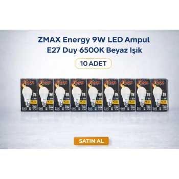ZMAX Energy 9W LED Ampul E27 Duy 6500K Beyaz Işık 720 Lümen 60W Eşdeğer Enerji Tasarruflu 10 Adet