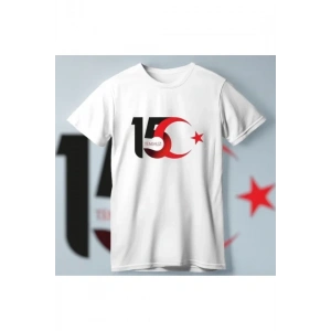 15 Temmuz Demokrasi Ve Milli Birlik Günü Ay Yıldız Baskılı T-shirt - Beyaz