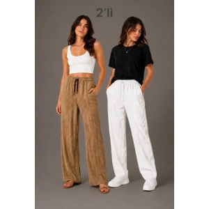 2li Bürümcük Kumaş Beli Lastikli Bağcıklı Bol Paça Pantolon - Beyaz/Vizon