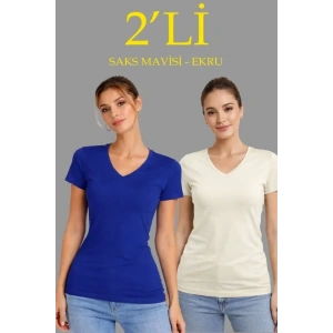 2li V Yaka Tişört – Kısa Kollu Yazlık Slim Fit Body - Saks Mavisi - Ekru