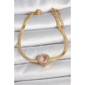 316L Çelik Gold Renk İtalyan Zincir Pembe Zirkon Taşlı Kalp Model Kadın Bileklik