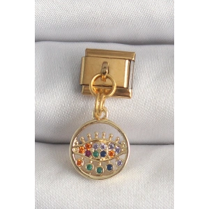 316L Çelik Gold Renk Sallantı Renkli Zirkon Taşlı Göz Model Nomination Charm