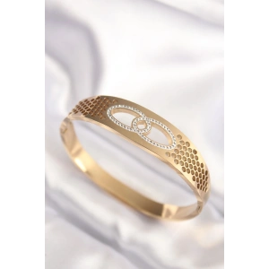 316L Çelik Gold Renk Zirkon Taşlı Kadın Kelepçe Bilezik