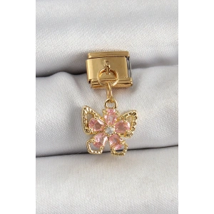 316L Çelik Sallantılı Zirkon Taşlı Çiçek Figürlü Kelebek Model Gold Renk Nomination Charm