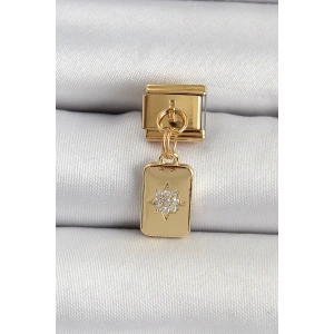 316L Çelik Sallantılı Zirkon Taşlı Kutup Yıldızı Figürlü Dikdörtgen Model Gold Renk Nomination Charm