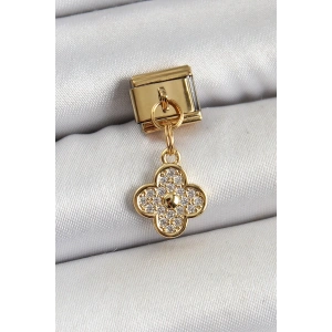 316L Çelik Sallantılı Zirkon Taşlı Yonca Model Gold Renk Nomination Charm