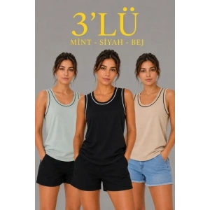 3’lü Kolsuz Sporcu Atlet Seti Yazlık Bisiklet Yakalı - Mint Yeşili, Siyah, Bej