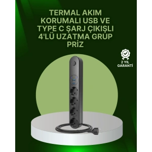 4 Priz 2 USB 1 Type-C Akım Korumalı Çoklu Priz Led Anahtarlı