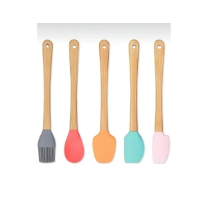 5'li Renkli Ahşap Saplı Silikon Uçlu Spatula Fırçalı Kaşık Seti -Yemek Hazırlık Seti 21 Cm