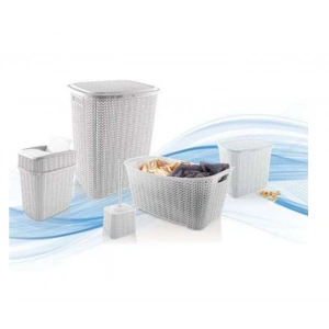 5 Parça Örgü Desenli Plastik Banyo Seti Çamaşır Sepeti Deterjanlık Çöp Kovası Klozet Fırçası - Gri