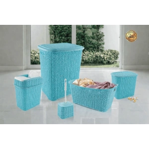 5 Parça Örgü Desenli Plastik Banyo Seti Çamaşır Sepeti Deterjanlık Çöp Kovası Klozet Fırçası - Mavi