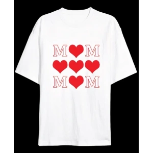 Anneler Günü Hediye MOM Kalp Baskılı Oversize Bisiklet Yaka T-shirt - Beyaz