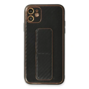 Apple iPhone 12 Kılıf Coco Karbon Standlı Kapak - Siyah