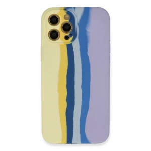Apple iPhone 12 Pro Max Kılıf Ebruli Lansman Silikon - Sarı-Lila