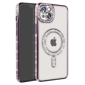 Apple iPhone 14 Kılıf Joke Simli Magneticsafe Kılıf - Derin Mor