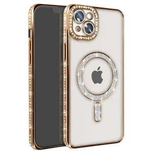 Apple iPhone 14 Kılıf Joke Simli Magneticsafe Kılıf - Gold