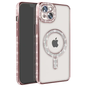 Apple iPhone 15 Kılıf Joke Simli Magneticsafe Kılıf - Pembe
