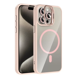 Apple iPhone 15 Pro Max Remim Lensli Magsafe Standlı Kapak - Pembe