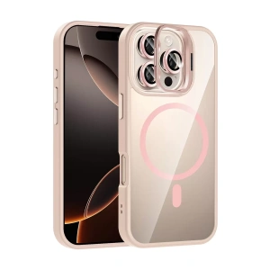 Apple iPhone 16 Pro Max Remim Lensli Magsafe Standlı Kapak - Pembe