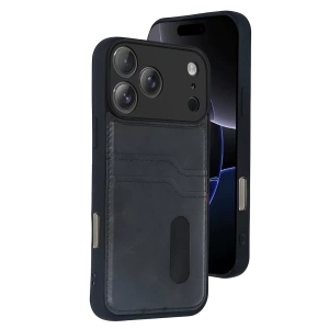 Apple iPhone 17 Pro Max Sara Kartvizitli Deri Kılıf - Siyah