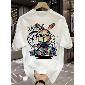 Baskılı Oversize Bisiklet Yaka T-shirt - Beyaz