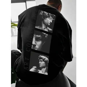 Baskılı Oversize Bisiklet Yaka T-shirt - Siyah