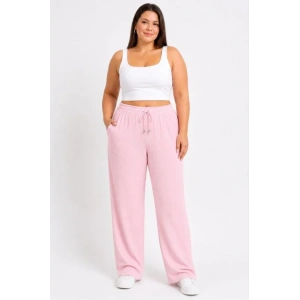 Battal Beden Bürümcük Kumaş Beli Lastikli Bağcıklı Bol Paça Palazzo Pantolon - Pembe