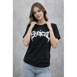 Bisiklet Yaka Ön Baskılı  Kısa Kollu Tişört Streetwear Günlük Basic Pamuklu T-shirt - Siyah