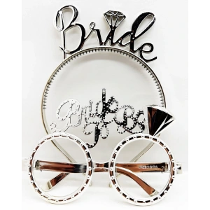Bride Yazılı Taç ve Bride To Be Yazılı Gözlük Seti - Gümüş Renk