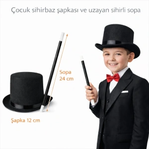 Çocuk Sihirbaz Şapkası ve Uzayan Yaylı Sihirli Sopa Seti