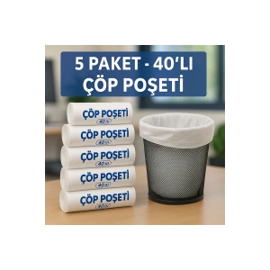 ÇÖP TORBASI-KÜÇÜK BOY ÇÖP POŞETİ- OFİS ÇÖP ÇÖPETİ- 50X40 CM - 40 LI- 5 PAKET