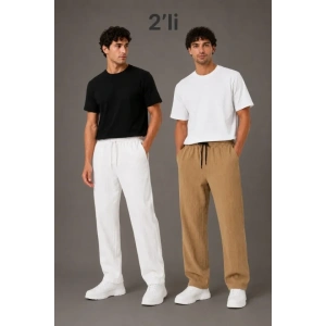 Erkek 2li Bürümcük Kumaş Beli Lastikli Bağcıklı Bol Paça Pantolon - Beyaz/Vizon