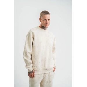 Erkek 3 İplik Pamuklu Yağ Yıkamalı Sweatshirt Double Oversize Bisiklet Yaka Uzun Kol - Krem