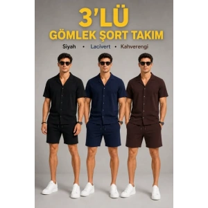 Erkek 3’lü Krep Kumaş Cepli Gömlek Şort Takım Kısa Kollu Bağcıklı - Siyah , Lacivert , Kahverengi