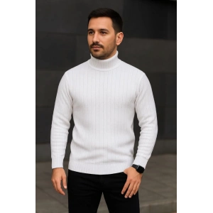 Erkek Balıkcı Yaka Bağazlı Triko Kazak Pamuklu Kalın Fitilli Dokuma, Regular Fit Uzun Kollu Kışlık Model - Beyaz
